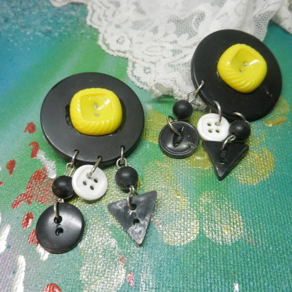 Hand Crafted Jewelry - VTG Hand Crafted pierced earrings OOAK yellow black button geometric dangle